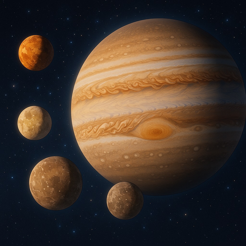 木星とそのガリレオ衛星のイメージ
