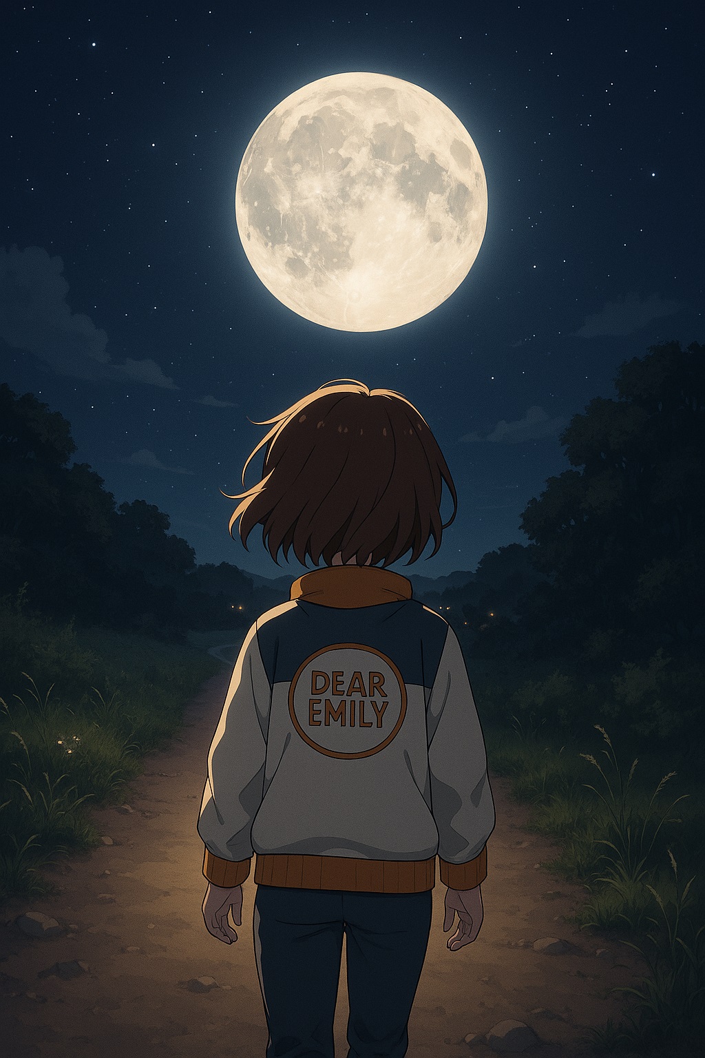 道を歩く人から遠くに見える月