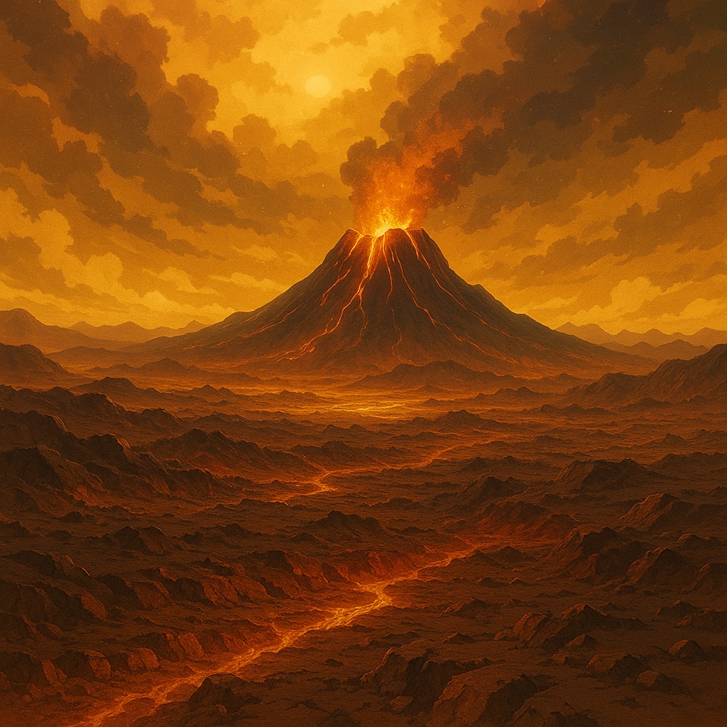 金星の表面を描いた想像図、火山と荒れた大地