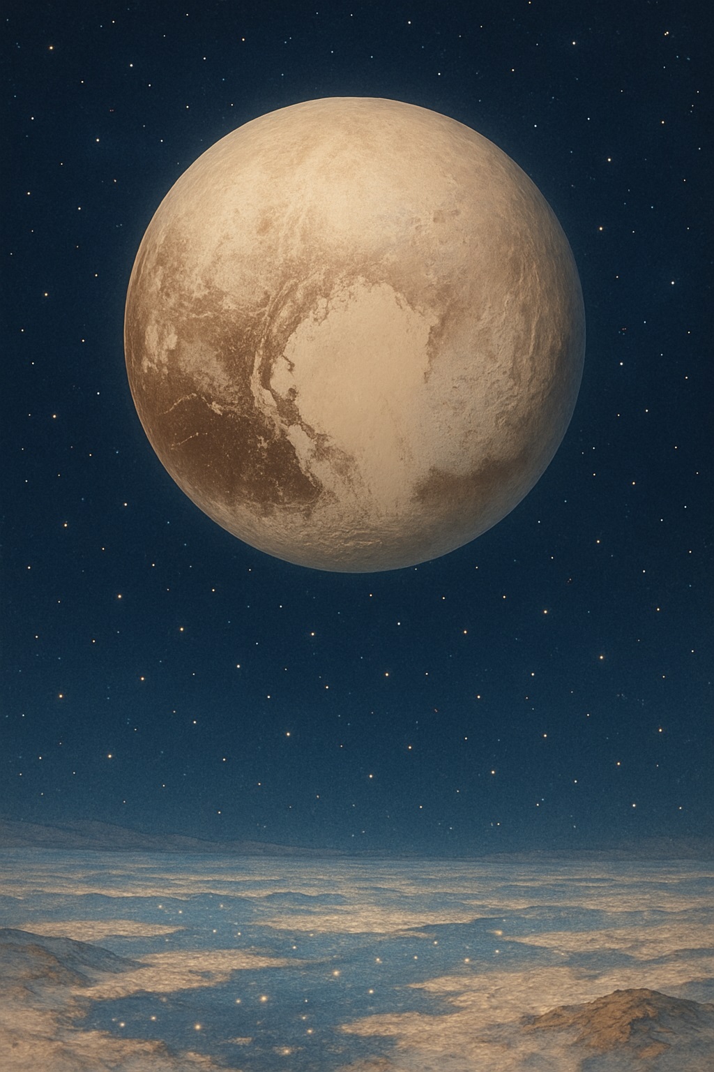 冥王星のイメージ、淡い茶色と白の氷の地表