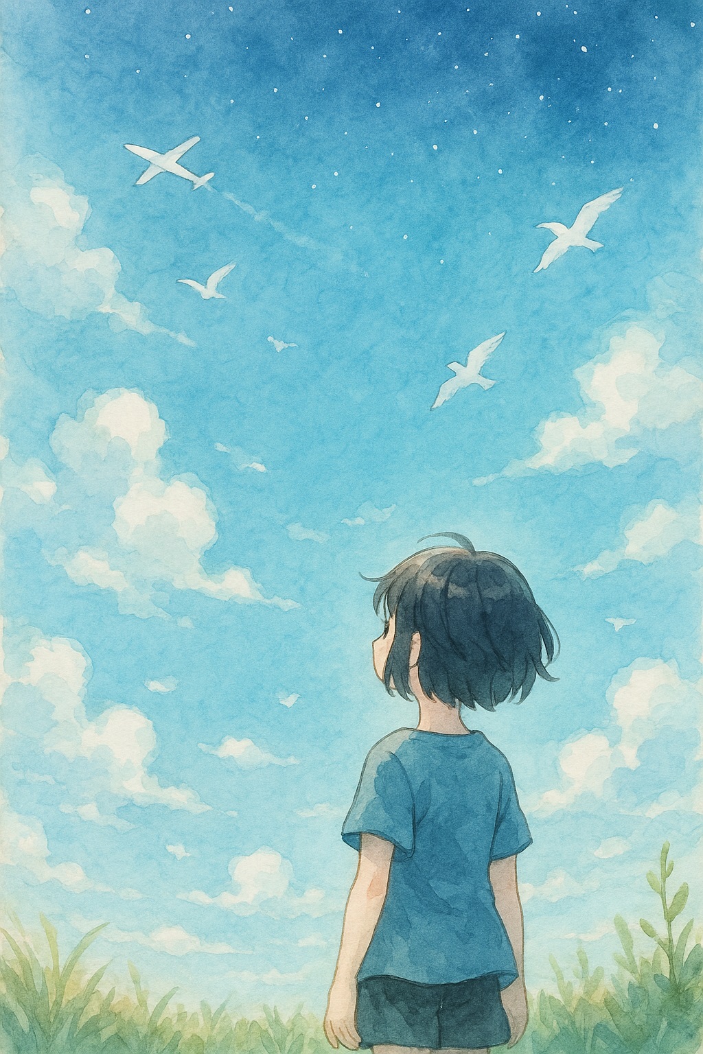 夜空を見上げるエミリーのイラスト